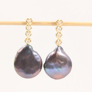 Solid 14k Yellow Gold Baroque Black Coin Pearl & Diamond Dangle Earrings