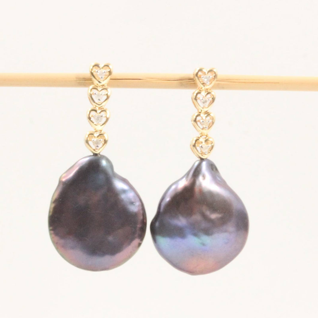Solid 14k Yellow Gold Baroque Black Coin Pearl & Diamond Dangle Earrings