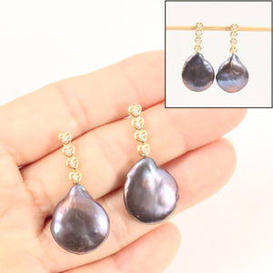 Solid 14k Yellow Gold Baroque Black Coin Pearl & Diamond Dangle Earrings