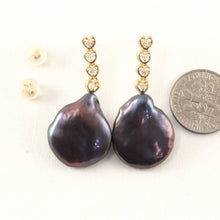 Load image into Gallery viewer, Solid 14k Yellow Gold Baroque Black Coin Pearl &amp; Diamond Dangle Earrings