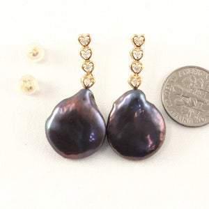 Solid 14k Yellow Gold Baroque Black Coin Pearl & Diamond Dangle Earrings