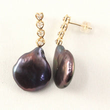 Load image into Gallery viewer, Solid 14k Yellow Gold Baroque Black Coin Pearl &amp; Diamond Dangle Earrings