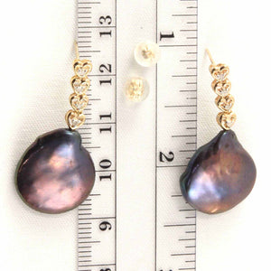 Solid 14k Yellow Gold Baroque Black Coin Pearl & Diamond Dangle Earrings