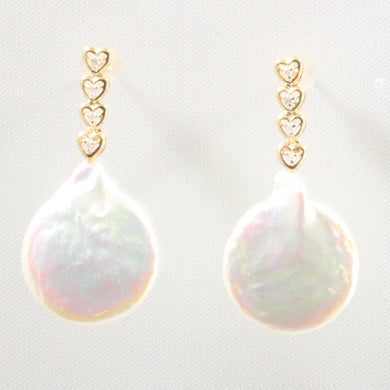 Solid 14k Yellow Gold Baroque White Coin Pearl & Diamond Dangle Earrings