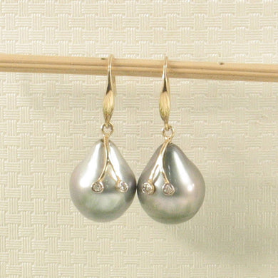 14k Yellow Gold Baroque Tahitian Pearl Diamond Fish Hook Earrings