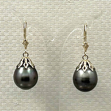 14k Yellow Gold Black Baroque Tahitian Pearl Leverback Dangle Earrings