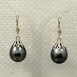 14k Yellow Gold Black Baroque Tahitian Pearl Leverback Dangle Earrings