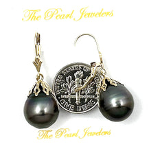 Load image into Gallery viewer, 14k Yellow Gold Black Baroque Tahitian Pearl Leverback Dangle Earrings