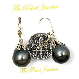 14k Yellow Gold Black Baroque Tahitian Pearl Leverback Dangle Earrings