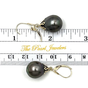 14k Yellow Gold Black Baroque Tahitian Pearl Leverback Dangle Earrings