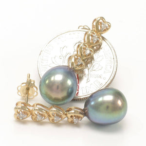 Solid 14k Yellow Gold Black Pearl & Diamond Dangle Earrings