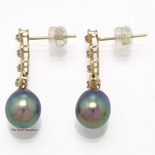 Load image into Gallery viewer, Solid 14k Yellow Gold Black Pearl &amp; Diamond Dangle Earrings