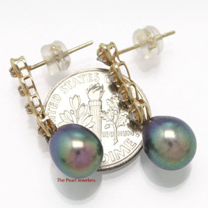 Solid 14k Yellow Gold Black Pearl & Diamond Dangle Earrings