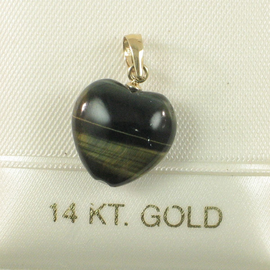 14K Yellow Gold Blue Heart Tiger Eye Pendant