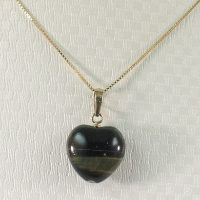 14K Yellow Gold Blue Heart Tiger Eye Pendant