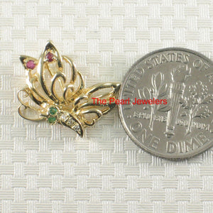 14K Yellow Gold Butterfly Pendant with Diamonds, Ruby & Emerald
