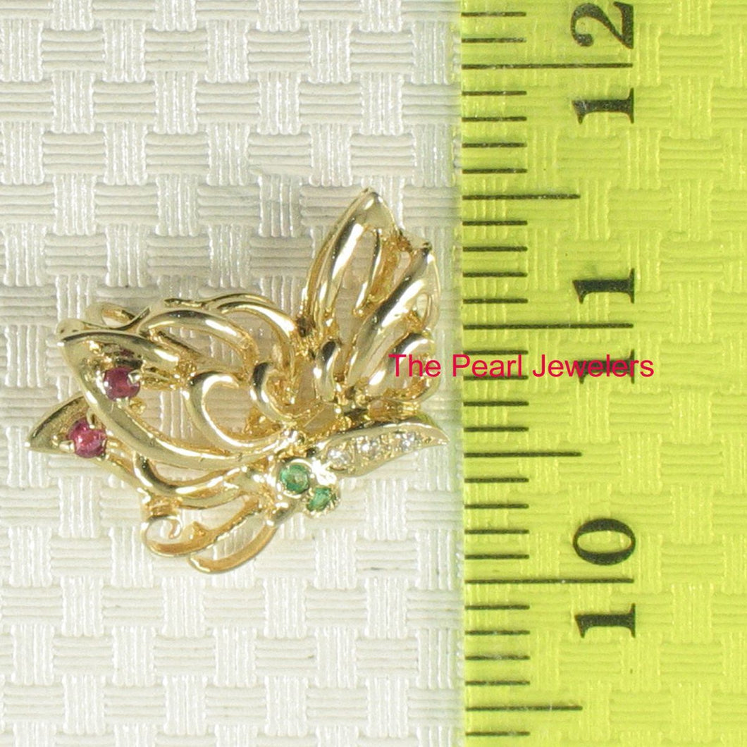 14K Yellow Gold Butterfly Pendant with Diamonds, Ruby & Emerald