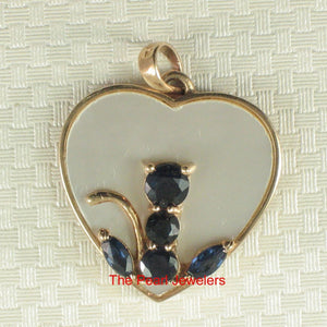 14K Yellow Gold Sapphire Cat Heart Pendant with Mother of Pearl