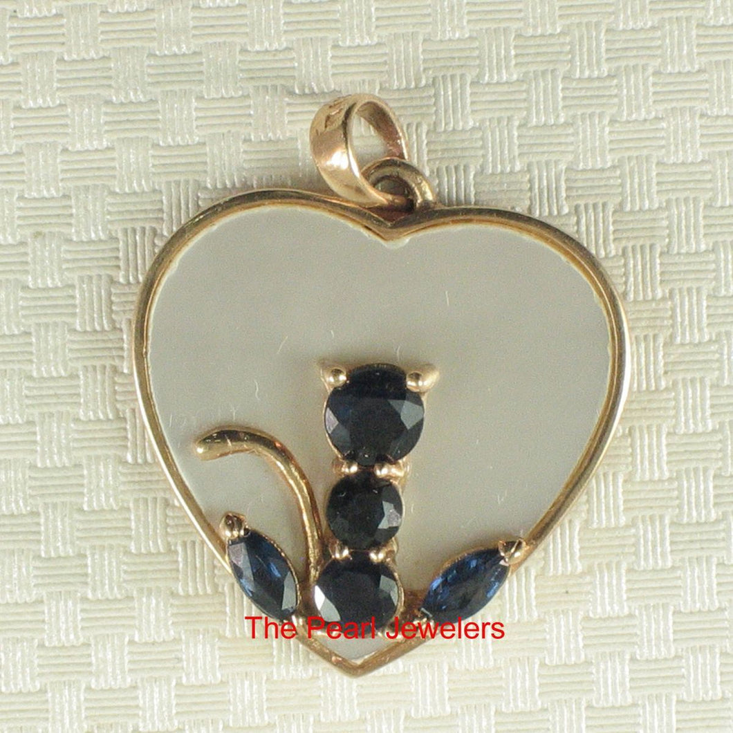 14K Yellow Gold Sapphire Cat Heart Pendant with Mother of Pearl