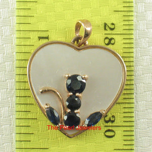 14K Yellow Gold Sapphire Cat Heart Pendant with Mother of Pearl