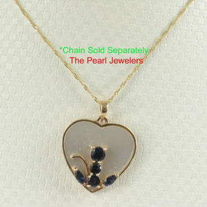 14K Yellow Gold Sapphire Cat Heart Pendant with Mother of Pearl