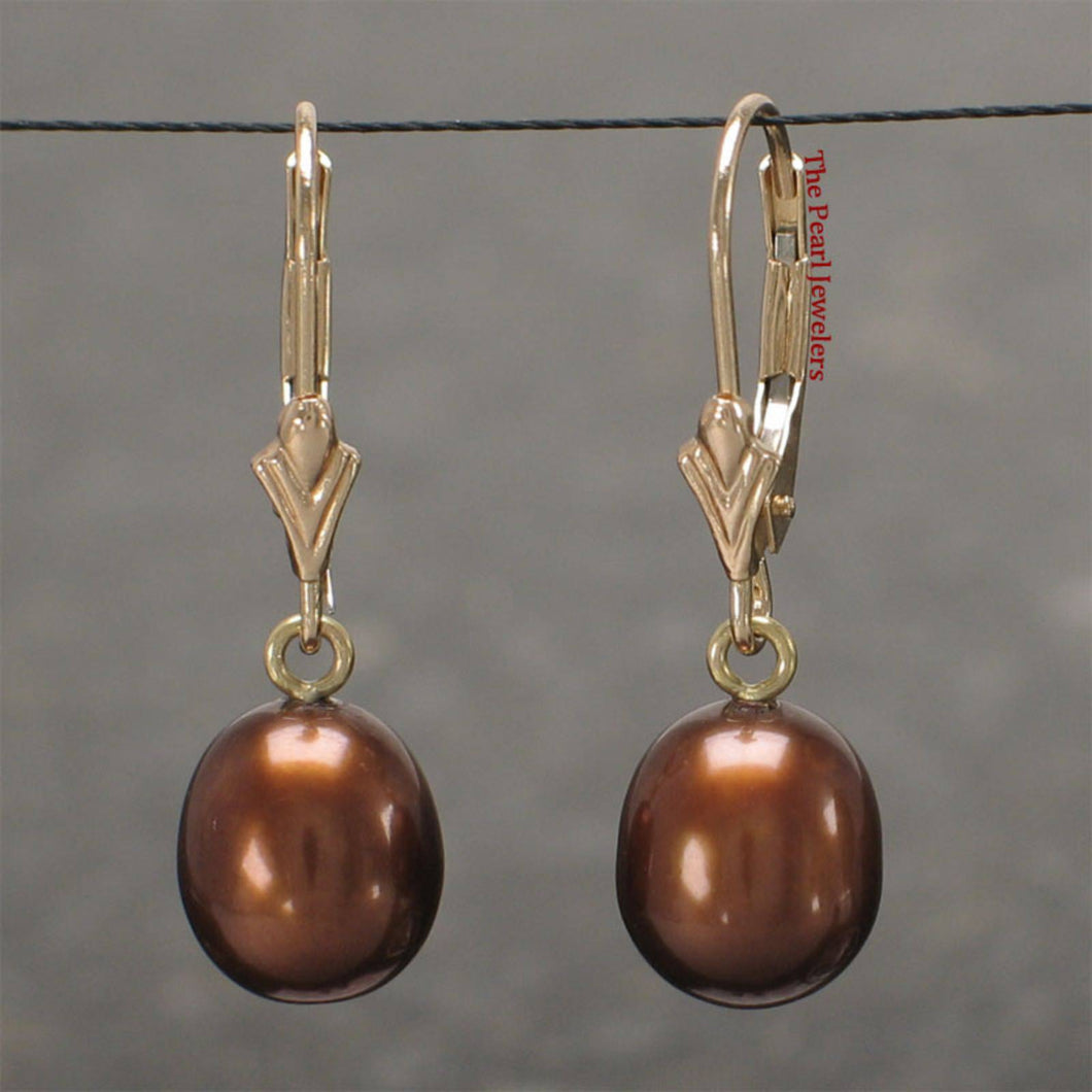 14k Yellow Gold Chocolate Pearl Leverback Dangle Earrings