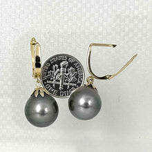 Load image into Gallery viewer, 14k Yellow Gold Classic Collection 13 mm Black Tahitian Pearl Dangle Earrings