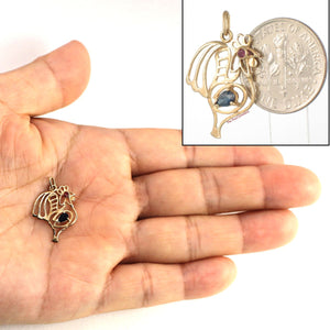 14K Yellow Gold Cock Design Pendant with Sapphire & Ruby