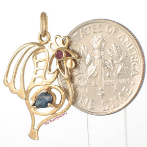 14K Yellow Gold Cock Design Pendant with Sapphire & Ruby