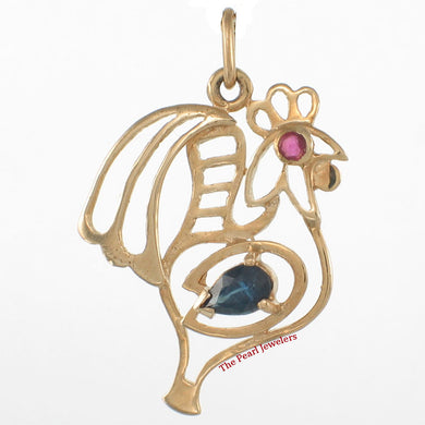 14K Yellow Gold Cock Design Pendant with Sapphire & Ruby