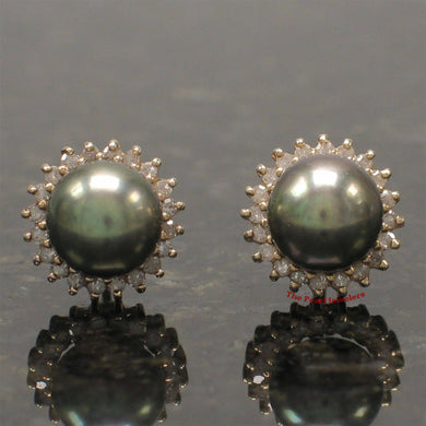 14k Yellow Gold Diamond & Black Cultured Pearl Stud Earrings