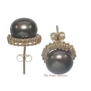14k Yellow Gold Diamond & Black Cultured Pearl Stud Earrings