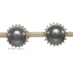 14k Yellow Gold Diamond & Black Cultured Pearl Stud Earrings