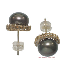 Load image into Gallery viewer, 14k Yellow Gold Diamond &amp; Black Cultured Pearl Stud Earrings