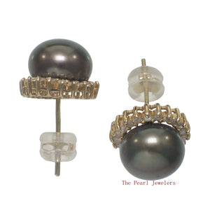 14k Yellow Gold Diamond & Black Cultured Pearl Stud Earrings