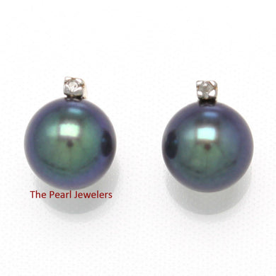 14k Yellow Gold Diamond & Black Pearl Stud Earrings