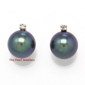14k Yellow Gold Diamond & Black Pearl Stud Earrings