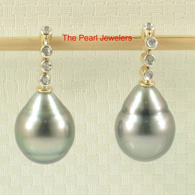 14k Yellow Gold & Diamond Black Tahitian Pearl Dangle Earrings