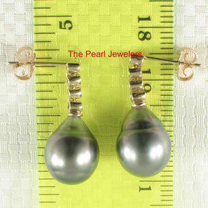 14k Yellow Gold & Diamond Black Tahitian Pearl Dangle Earrings