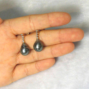 14k Yellow Gold & Diamond Black Tahitian Pearl Dangle Earrings