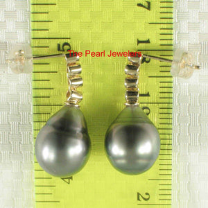 14k Yellow Gold & Diamond Black Tahitian Pearl Dangle Earrings