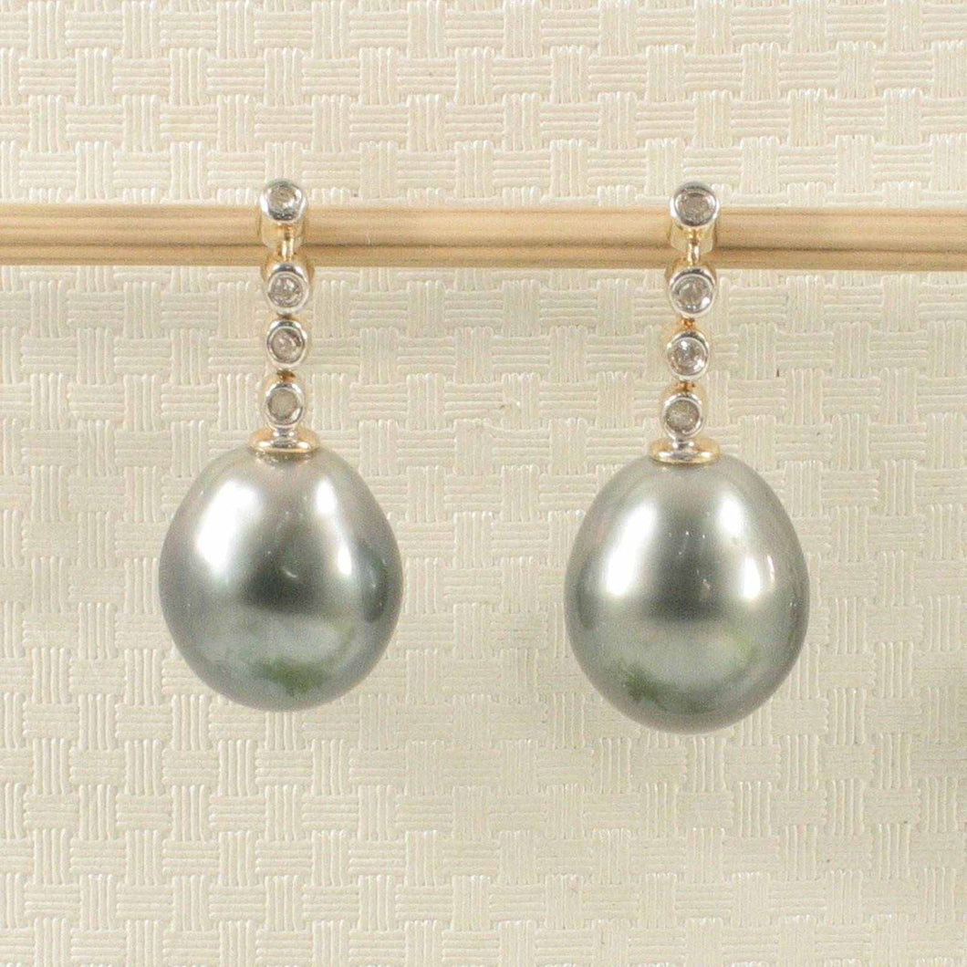 14k Yellow Gold & Diamond Black Tahitian Pearl Earrings