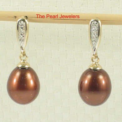 14k Yellow Gold Diamond & Chocolate Pearl Dangle Stud Earrings