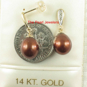14k Yellow Gold Diamond & Chocolate Pearl Dangle Stud Earrings
