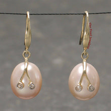 Load image into Gallery viewer, 14k Yellow Gold Diamond &amp; Peach Pearl Hooks