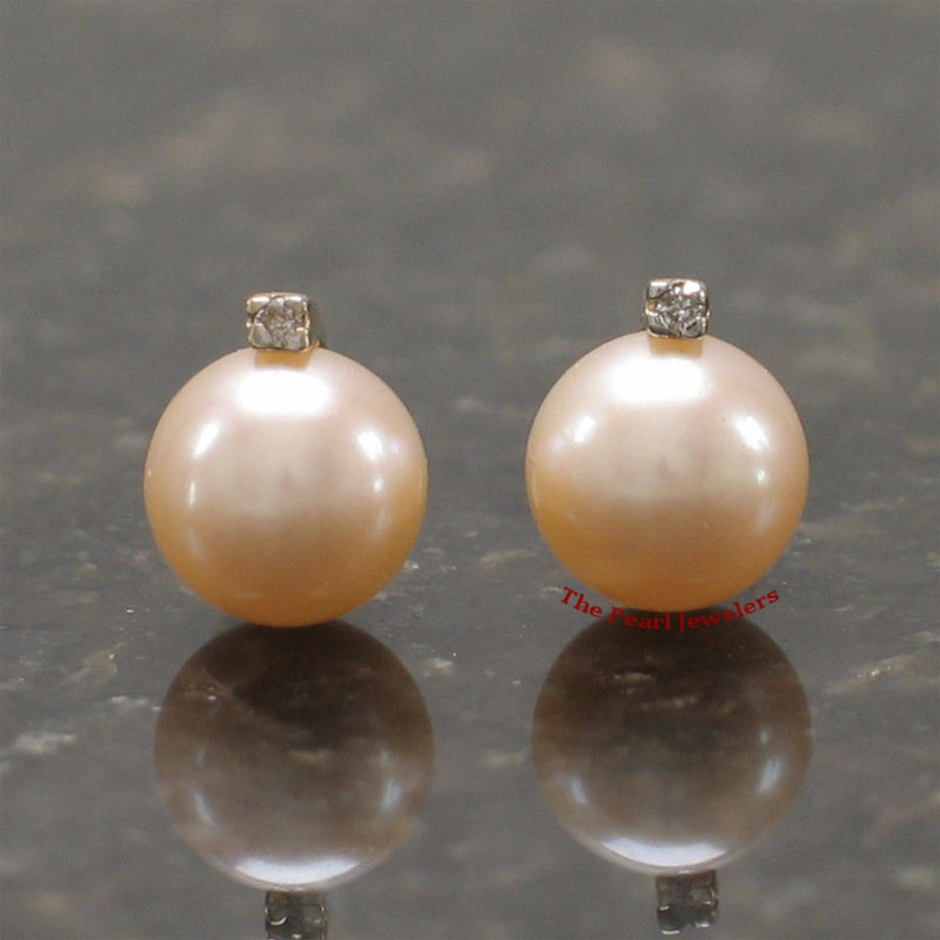 14k Yellow Gold Diamond & Peach Pearl Stud Earrings