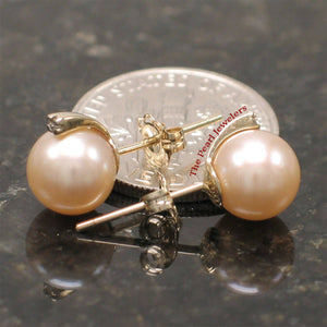 14k Yellow Gold Diamond & Peach Pearl Stud Earrings