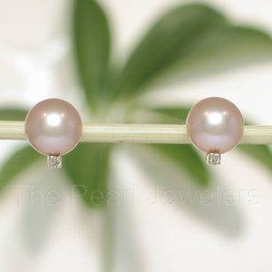 14k Yellow Gold Diamond & Peach Pearl Stud Earrings