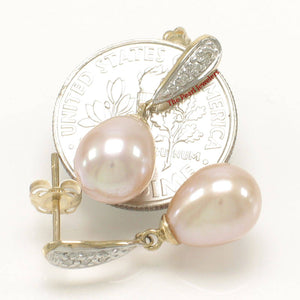 14k Yellow Gold Diamond & Pink Pearl Dangle Stud Earrings