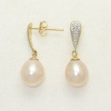 Load image into Gallery viewer, 14k Yellow Gold Diamond &amp; Pink Pearl Dangle Stud Earrings